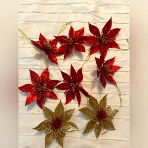 Poinsettas Christmas red and gold glittered ornaments bundle of 8